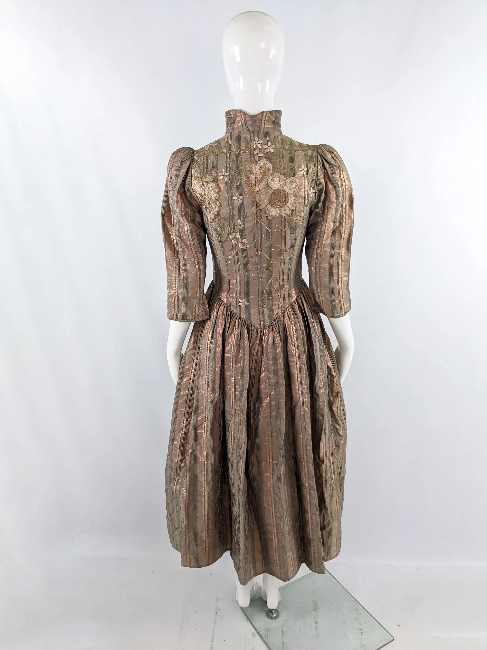 Caroline Charles Vintage Pale Metallic Bronze Embroidered Dress, 1980s