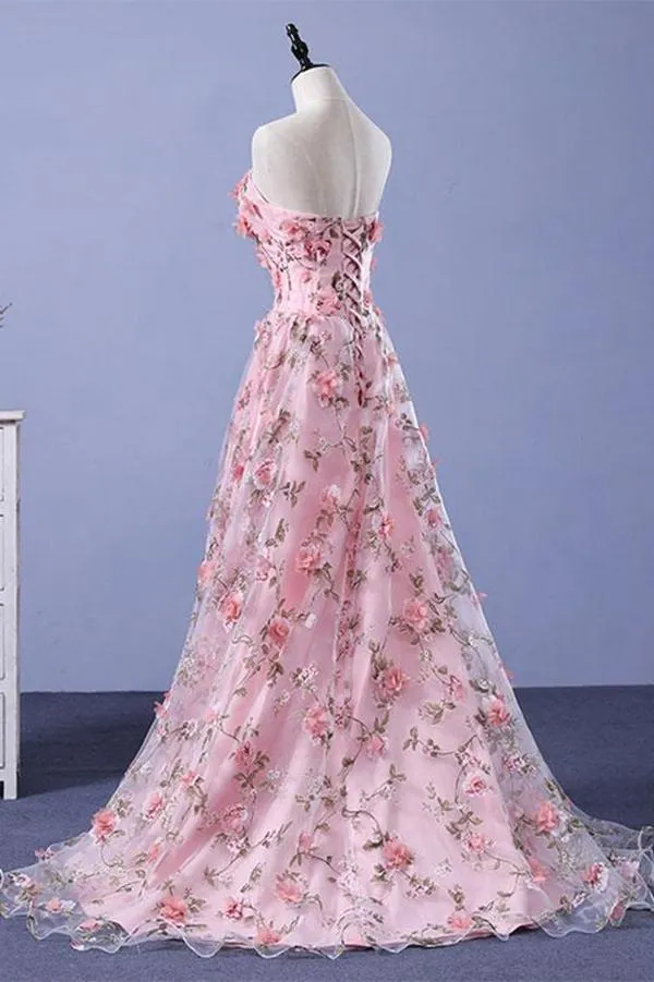 Charming Sweetheart Floral Long Prom Dress Pink Evening Dress