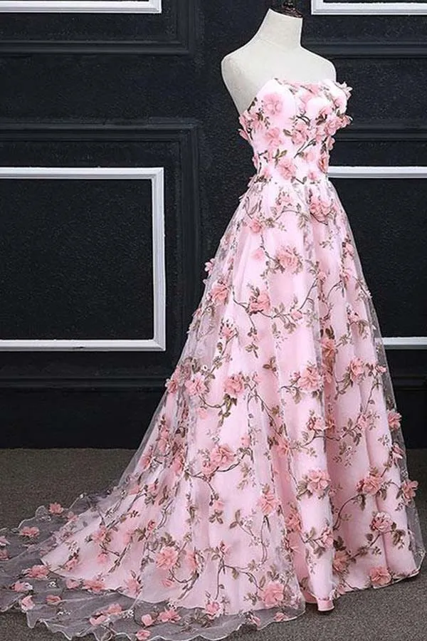 Charming Sweetheart Floral Long Prom Dress Pink Evening Dress