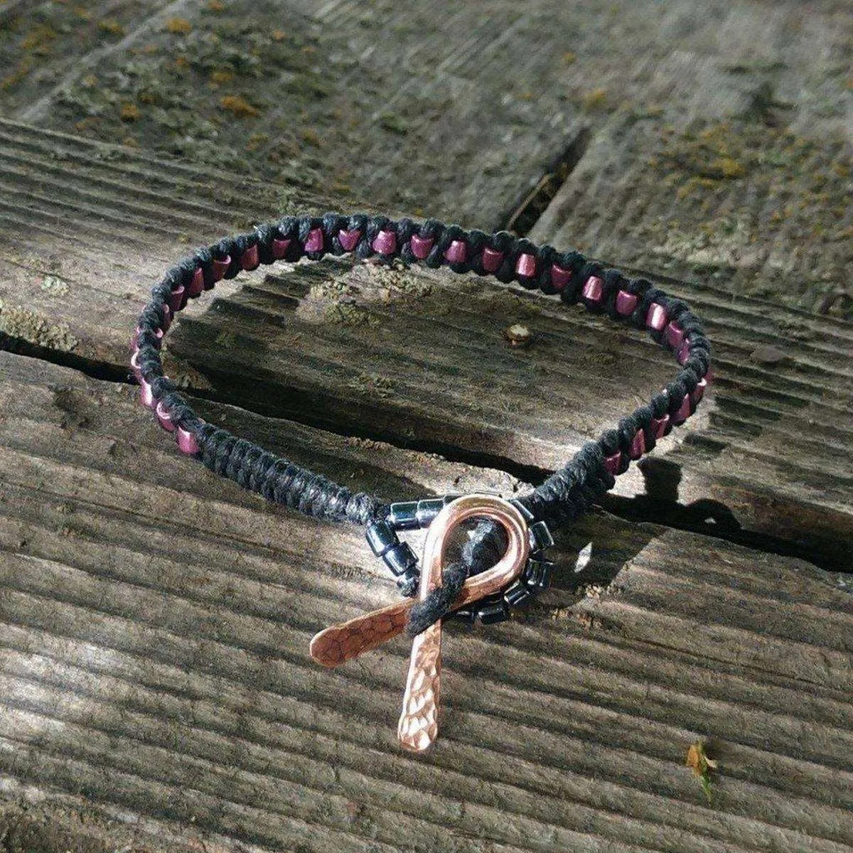 Copper Ribbon  Pink Braided Breast Cancer Rattle Tail Bracelet