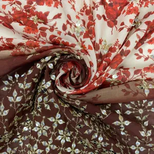 Cream With Brown Ombre Red Floral Embrodiery Georgette Fabric