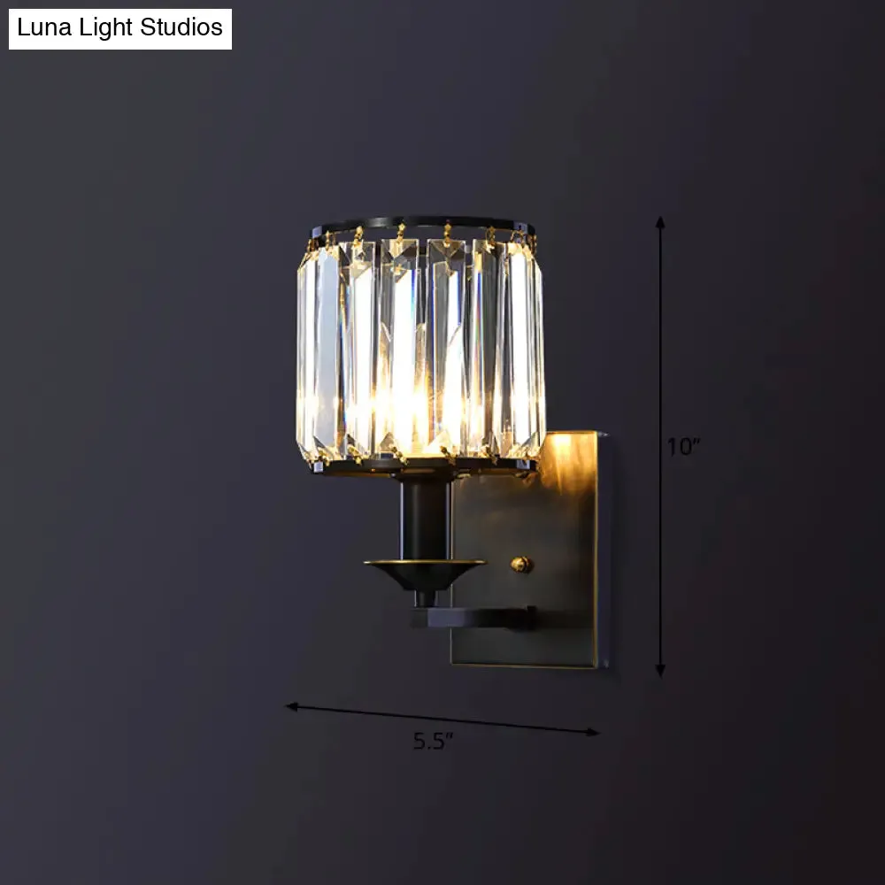 Cylinder Wall Lamp Fixture - Simplicity 1-Bulb Prismatic Crystal Sconce Lighting (Black)