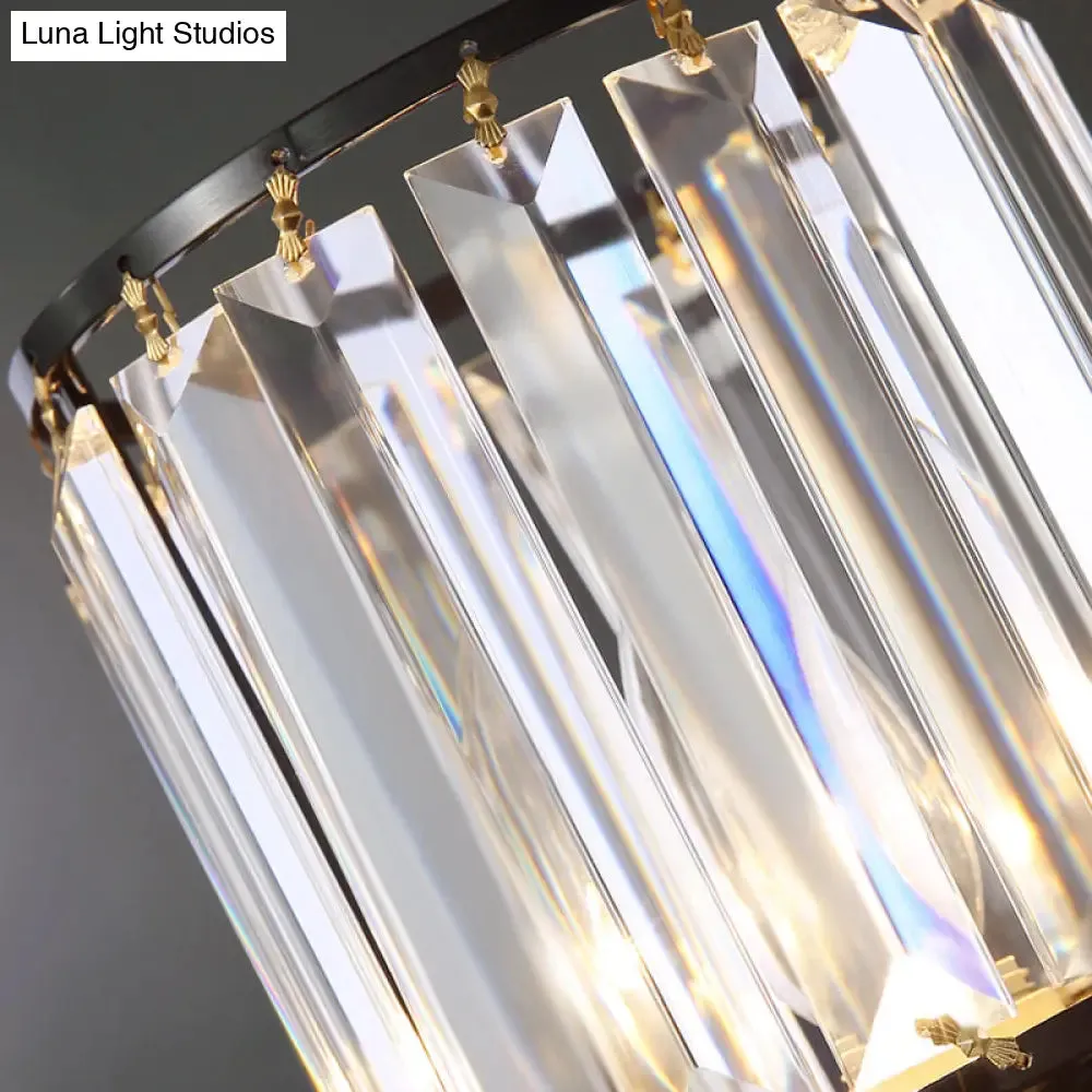 Cylinder Wall Lamp Fixture - Simplicity 1-Bulb Prismatic Crystal Sconce Lighting (Black)