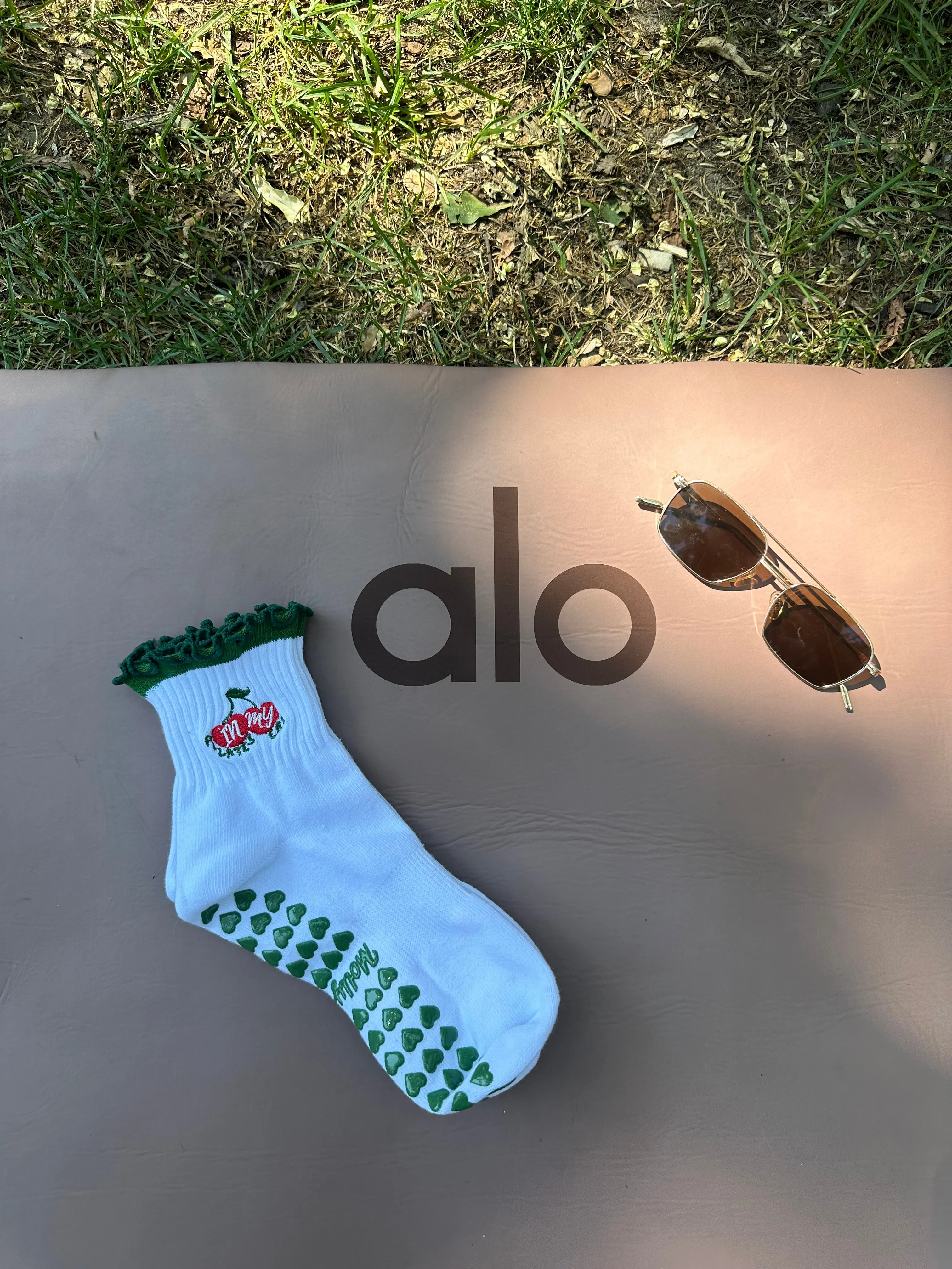 Dark Green "in my pilates era" cherry grip socks