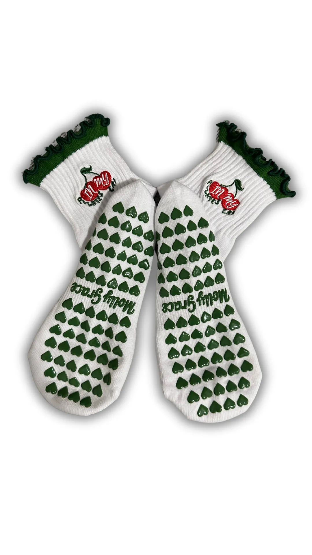 Dark Green "in my pilates era" cherry grip socks