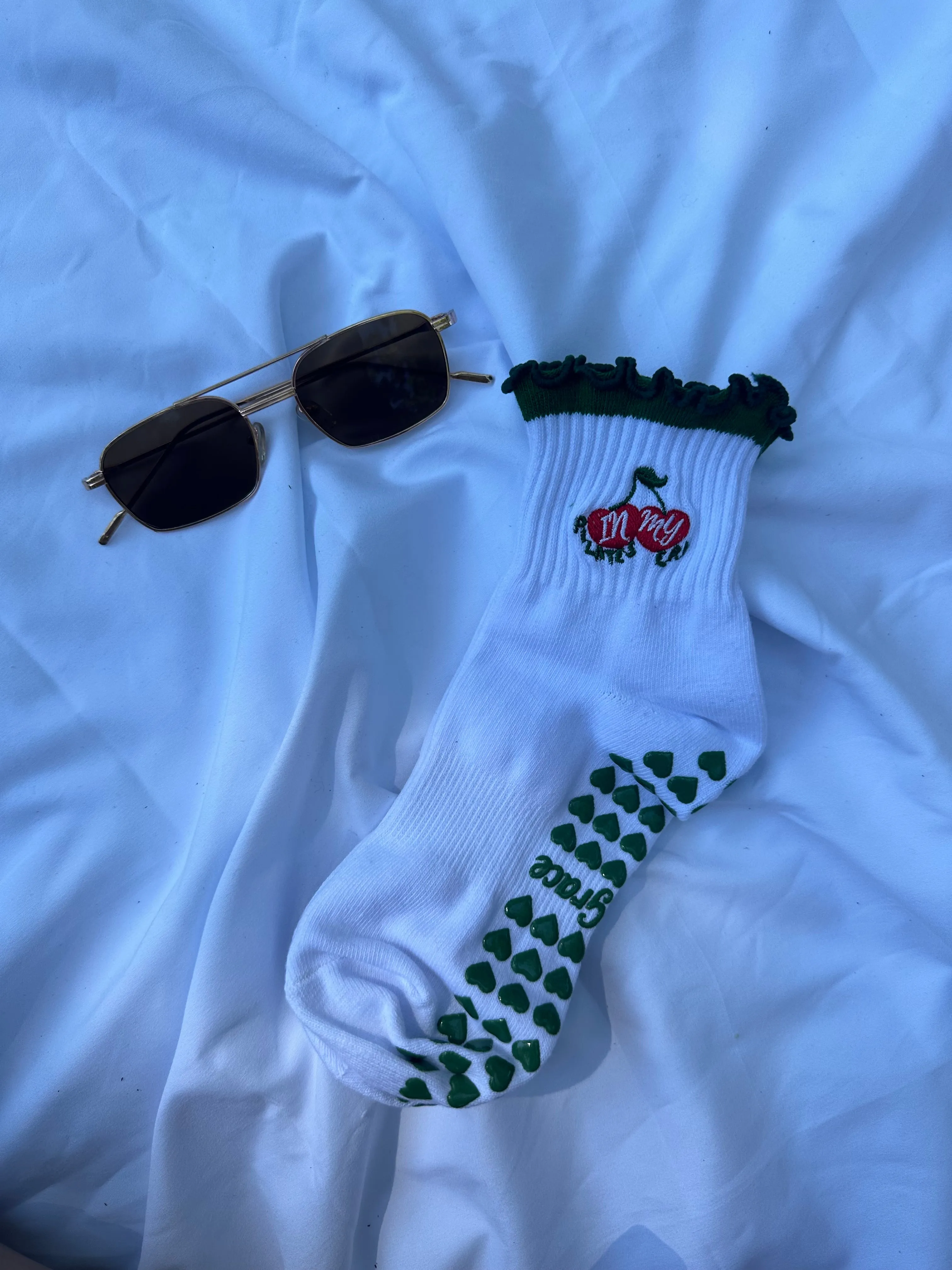 Dark Green "in my pilates era" cherry grip socks