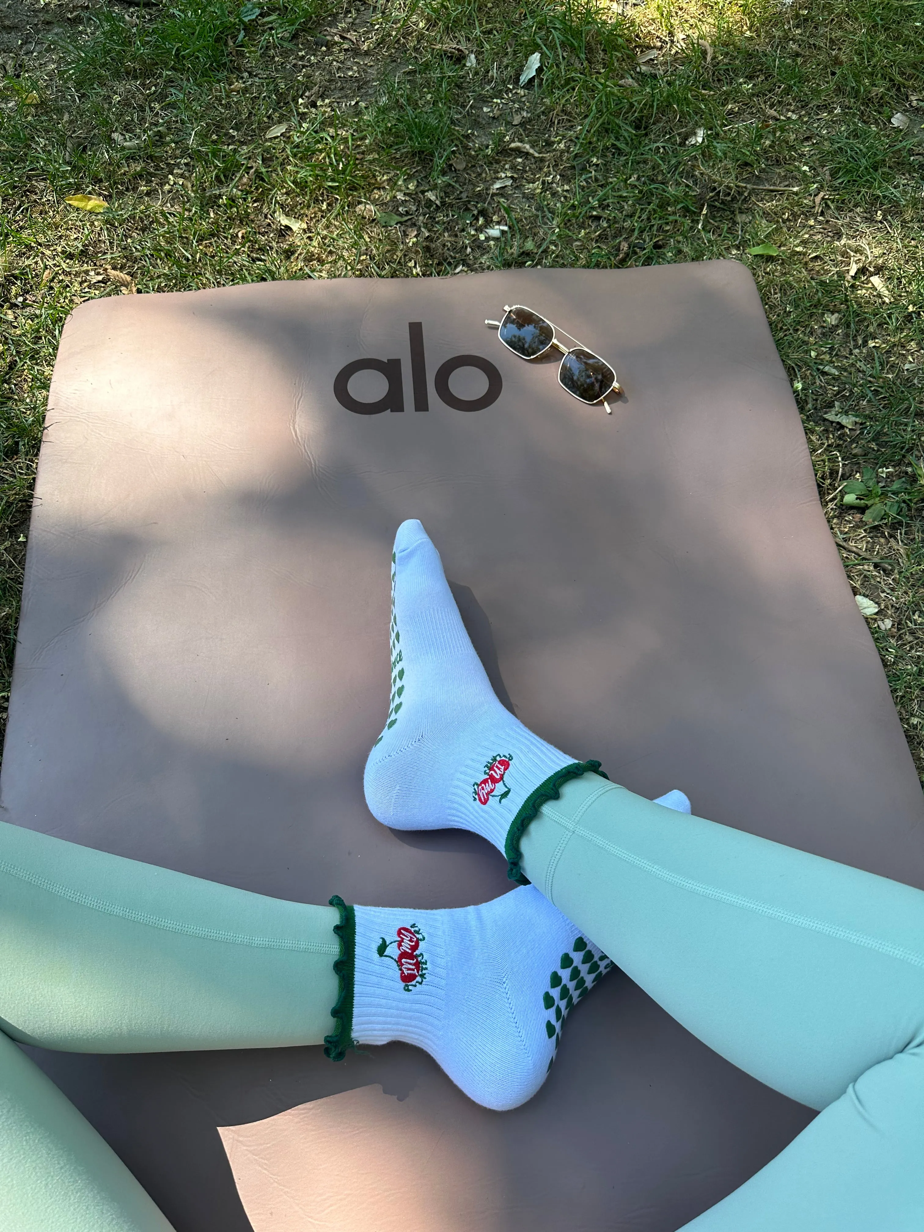 Dark Green "in my pilates era" cherry grip socks