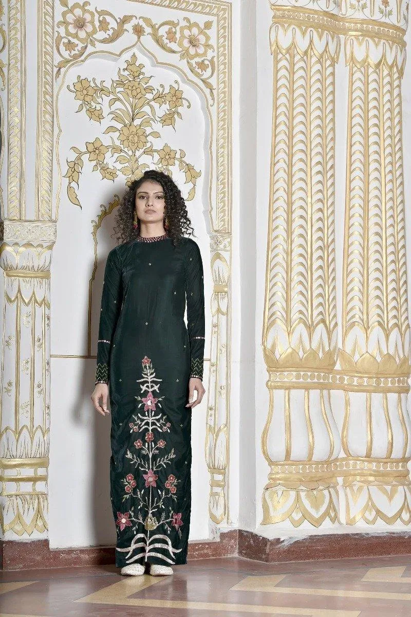 Dark Green Velvet Embroidered Long Dress