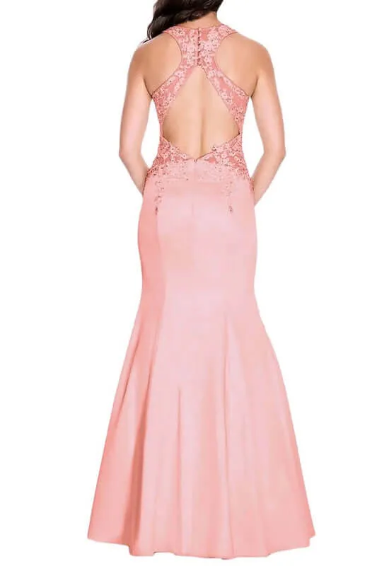 Decode Crew Neck Sleeveless Illusion Cutout Back Embellished Bodice Stretch Satin Trumpet Gown