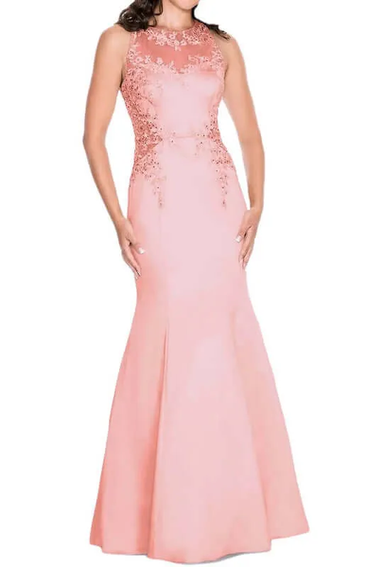 Decode Crew Neck Sleeveless Illusion Cutout Back Embellished Bodice Stretch Satin Trumpet Gown