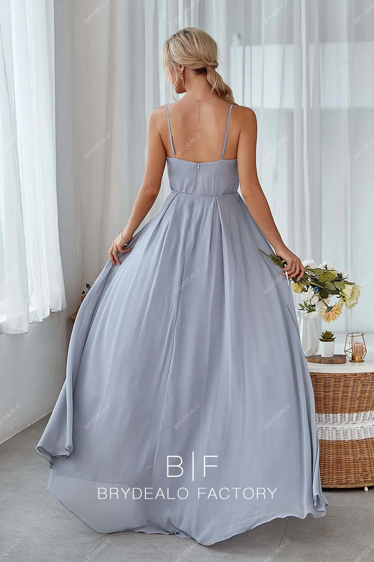 Dusty Blue Wrap V-neck Spaghetti Straps Chiffon Bridesmaid Dress