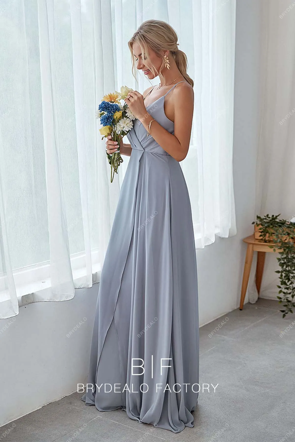 Dusty Blue Wrap V-neck Spaghetti Straps Chiffon Bridesmaid Dress