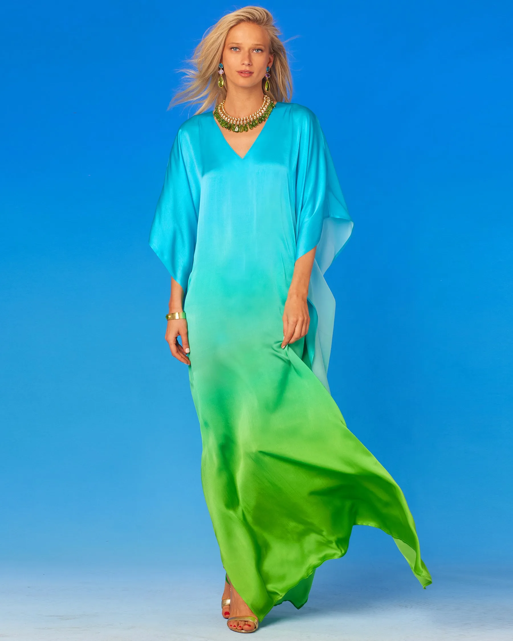 Electra Silk Kaftan in Turquoise to Lime Green Ombre