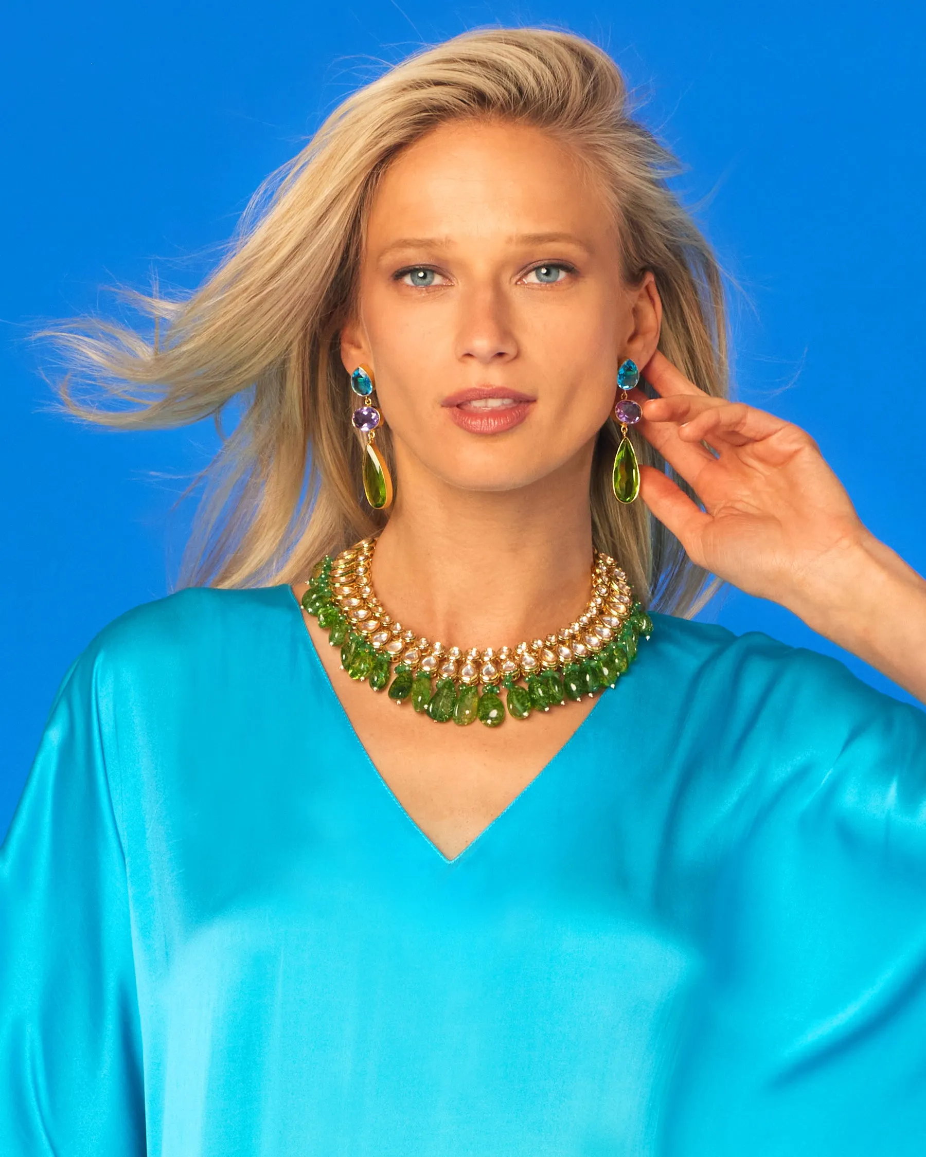 Electra Silk Kaftan in Turquoise to Lime Green Ombre