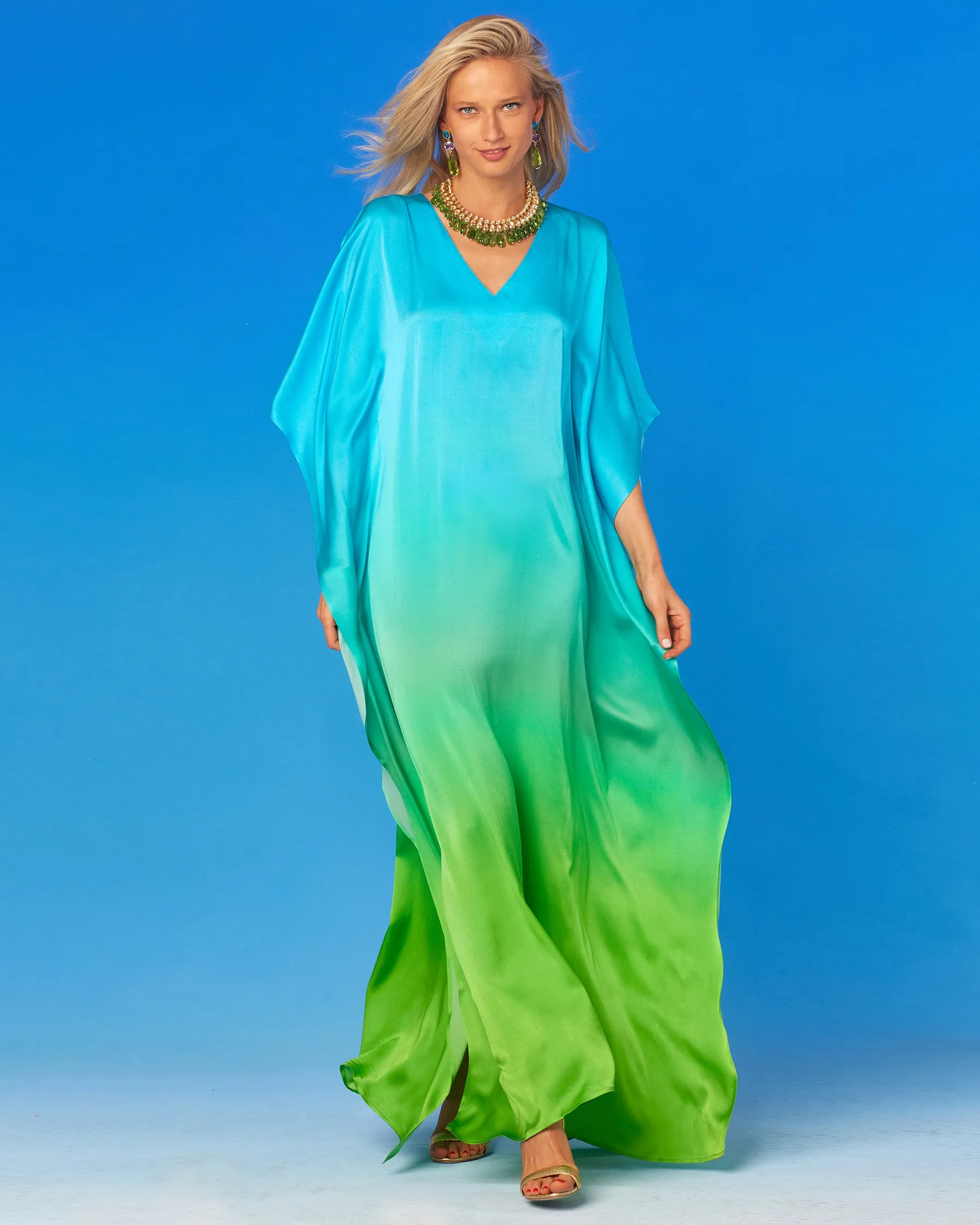 Electra Silk Kaftan in Turquoise to Lime Green Ombre