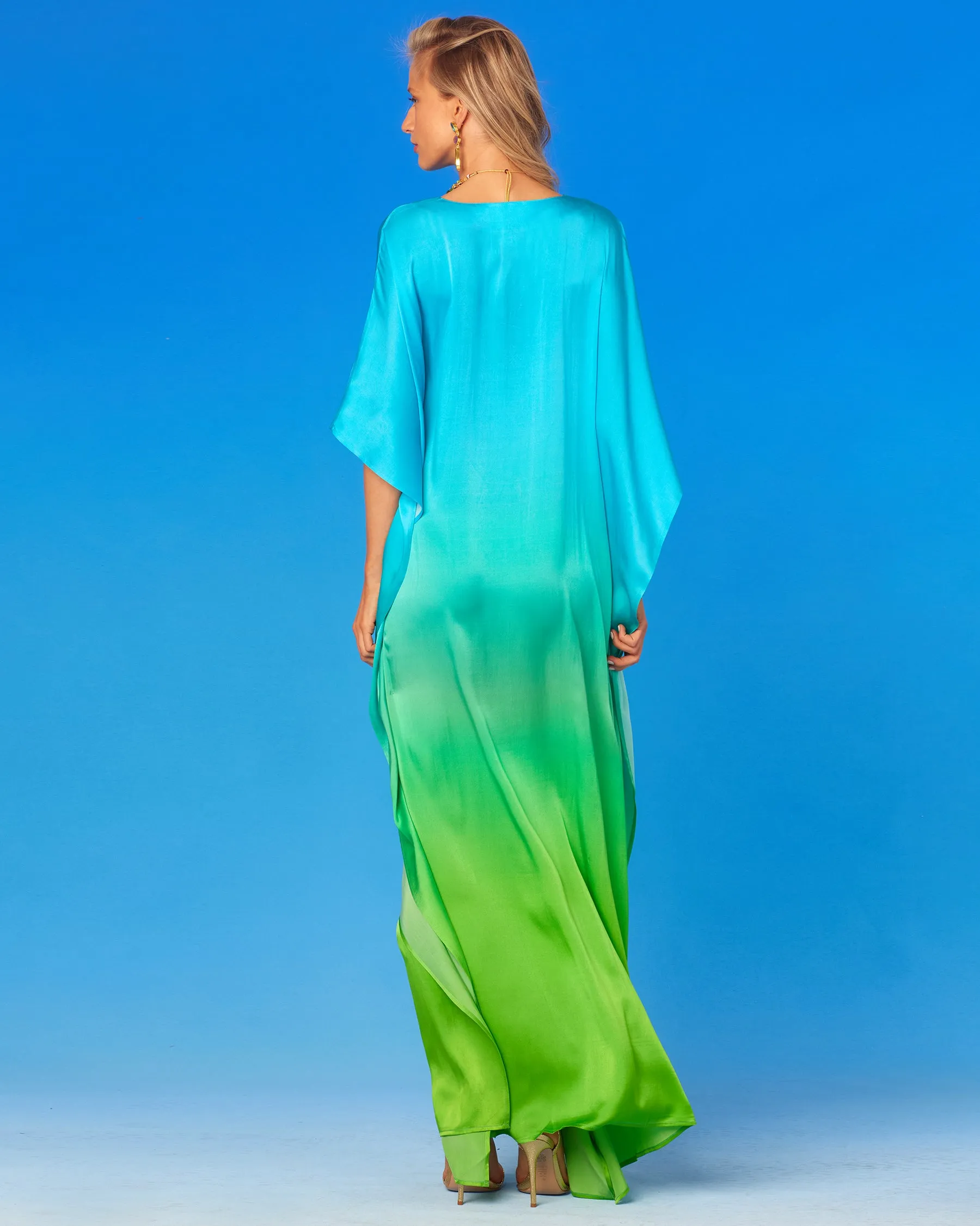 Electra Silk Kaftan in Turquoise to Lime Green Ombre