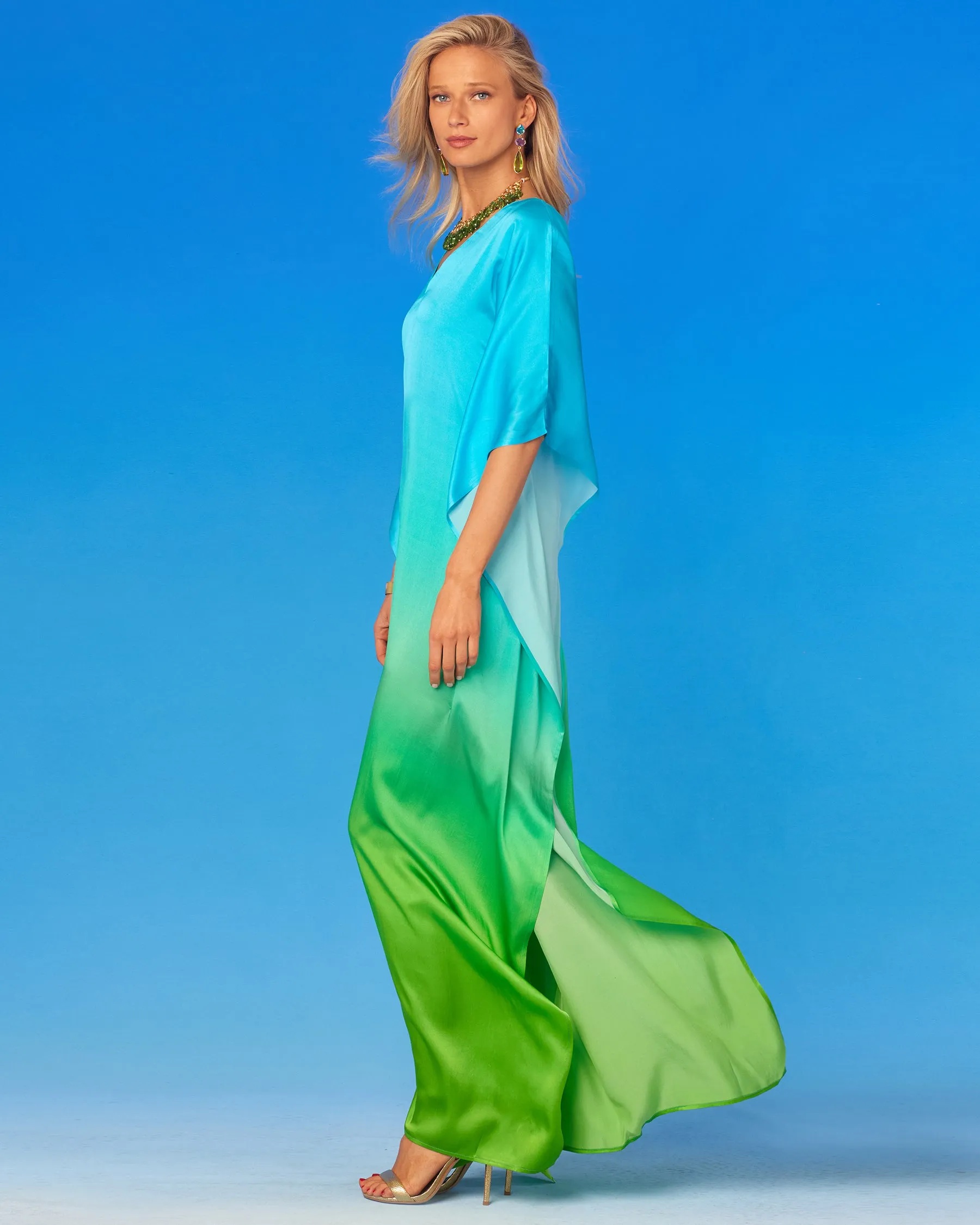 Electra Silk Kaftan in Turquoise to Lime Green Ombre