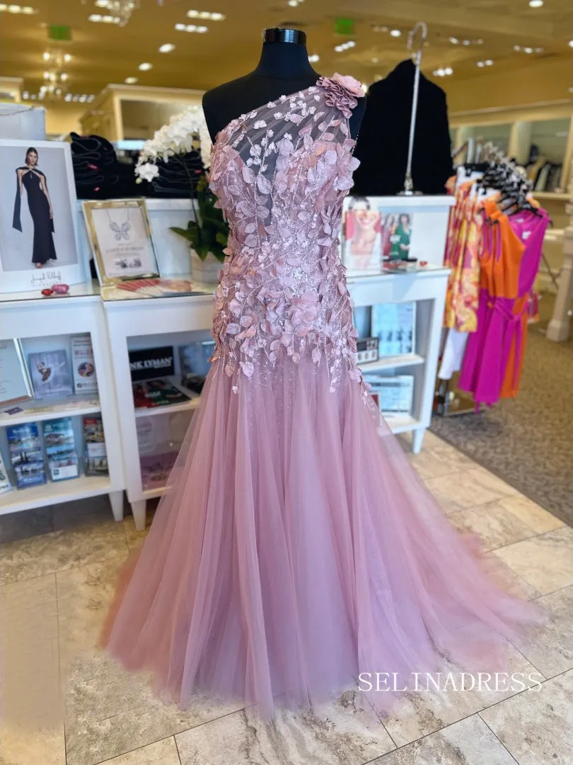 Elegant One Shoulder Applique Pink Tulle Mermaid Long Prom Dress lps013