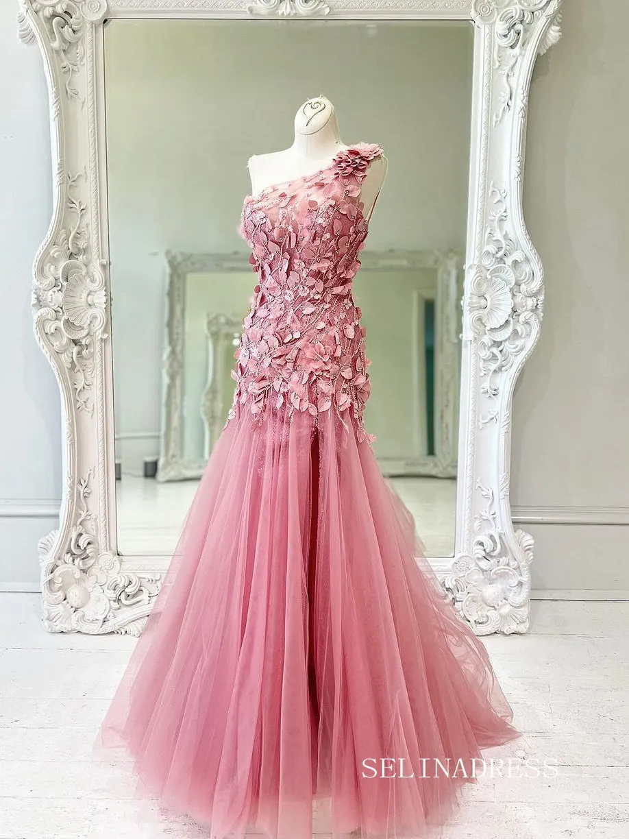 Elegant One Shoulder Applique Pink Tulle Mermaid Long Prom Dress lps013