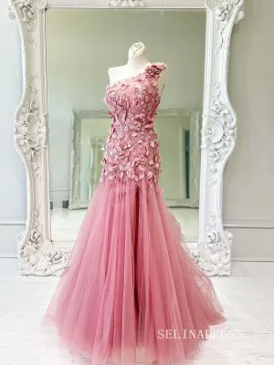 Elegant One Shoulder Applique Pink Tulle Mermaid Long Prom Dress lps013