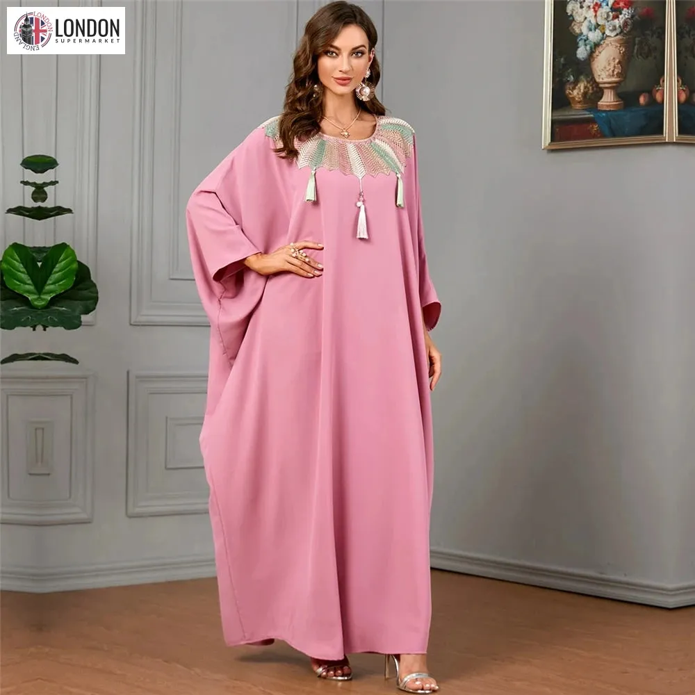 Embroidered V-Neck Batwing Sleeve Kaftan Abaya Party Gowns