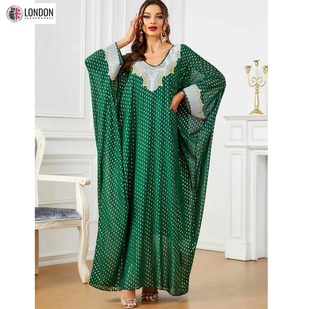 Embroidered V-Neck Batwing Sleeve Kaftan Abaya Party Gowns