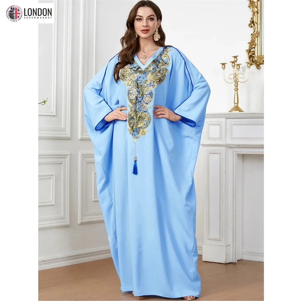 Embroidered V-Neck Batwing Sleeve Kaftan Abaya Party Gowns