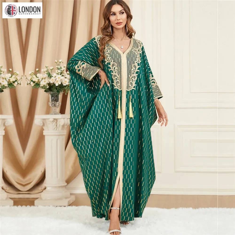 Embroidered V-Neck Batwing Sleeve Kaftan Abaya Party Gowns