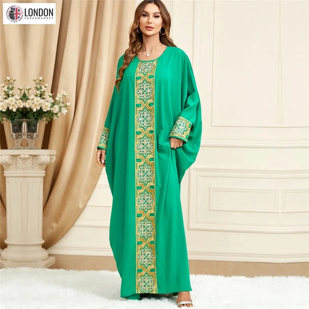 Embroidered V-Neck Batwing Sleeve Kaftan Abaya Party Gowns