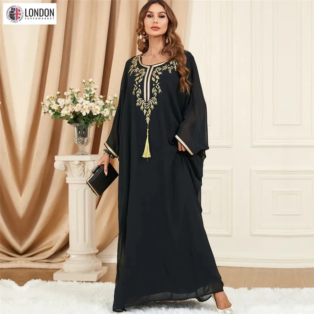 Embroidered V-Neck Batwing Sleeve Kaftan Abaya Party Gowns