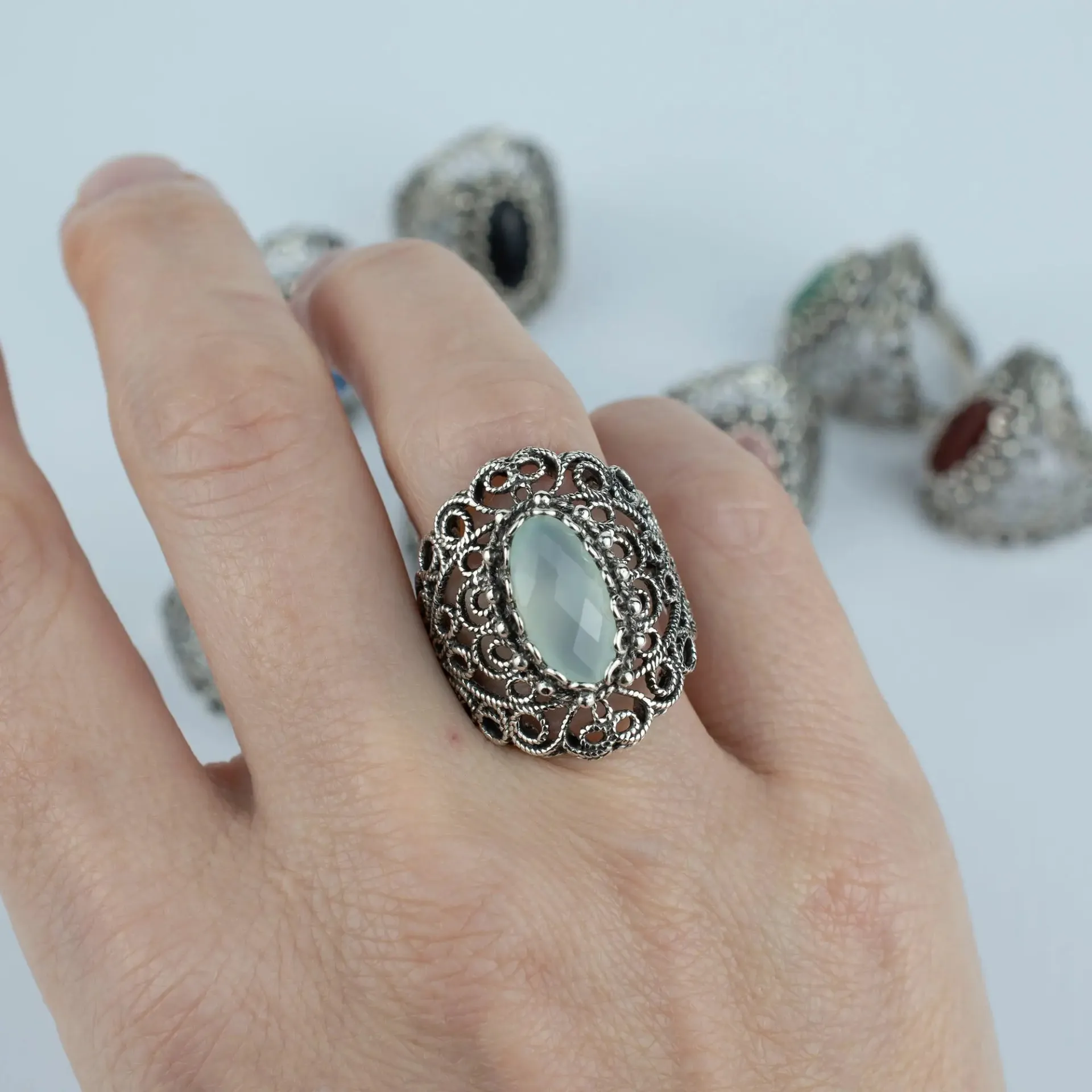 Exquisite Handmade Filigree Aqua Blue Chalcedony Silver Statement Ring - A Touch of Elegance