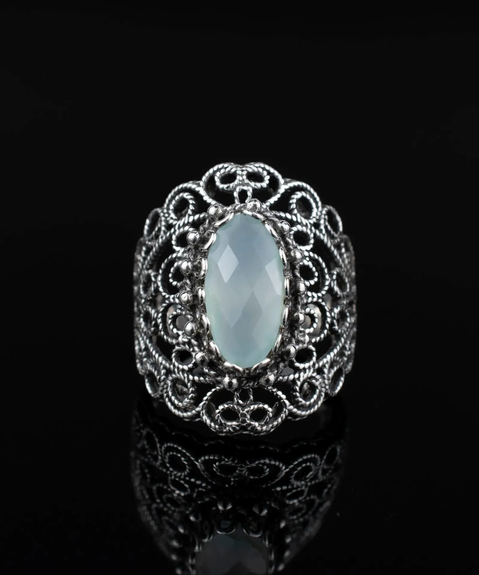 Exquisite Handmade Filigree Aqua Blue Chalcedony Silver Statement Ring - A Touch of Elegance