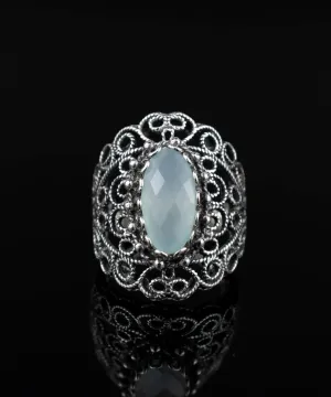 Exquisite Handmade Filigree Aqua Blue Chalcedony Silver Statement Ring - A Touch of Elegance