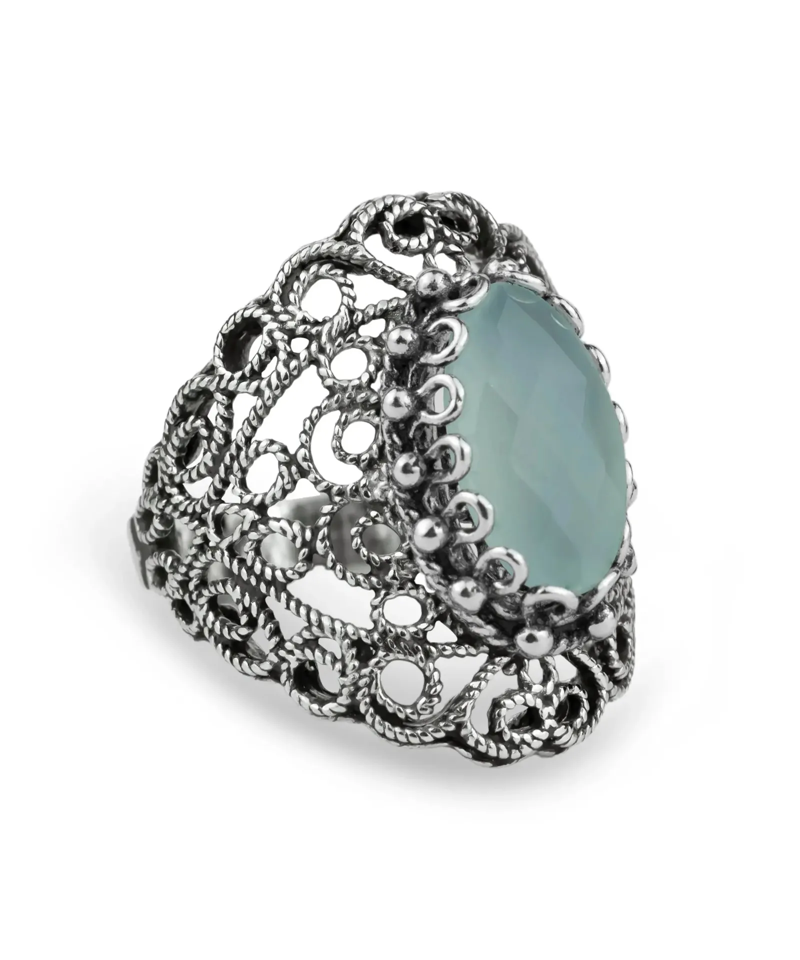 Exquisite Handmade Filigree Aqua Blue Chalcedony Silver Statement Ring - A Touch of Elegance