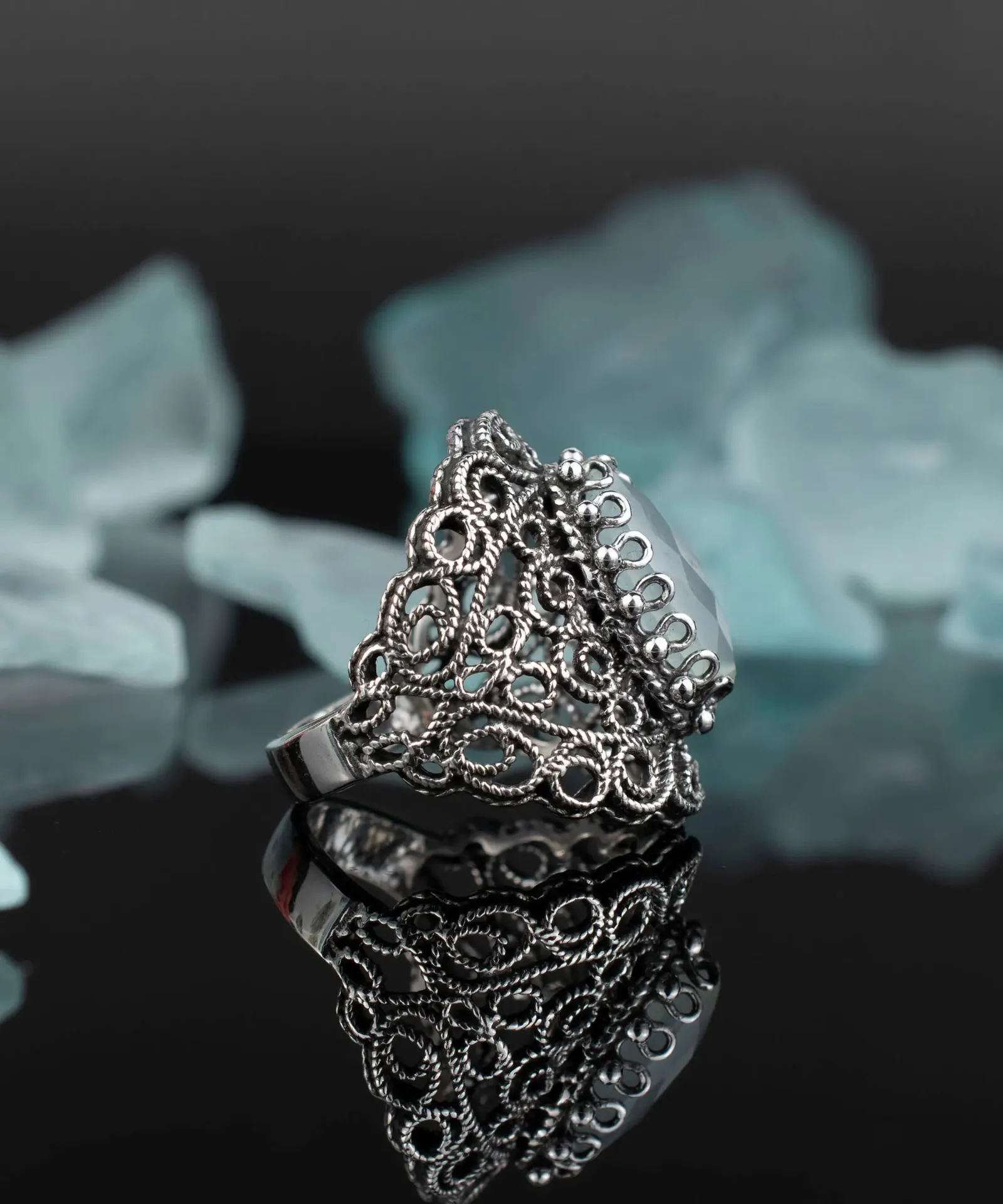 Exquisite Handmade Filigree Aqua Blue Chalcedony Silver Statement Ring - A Touch of Elegance