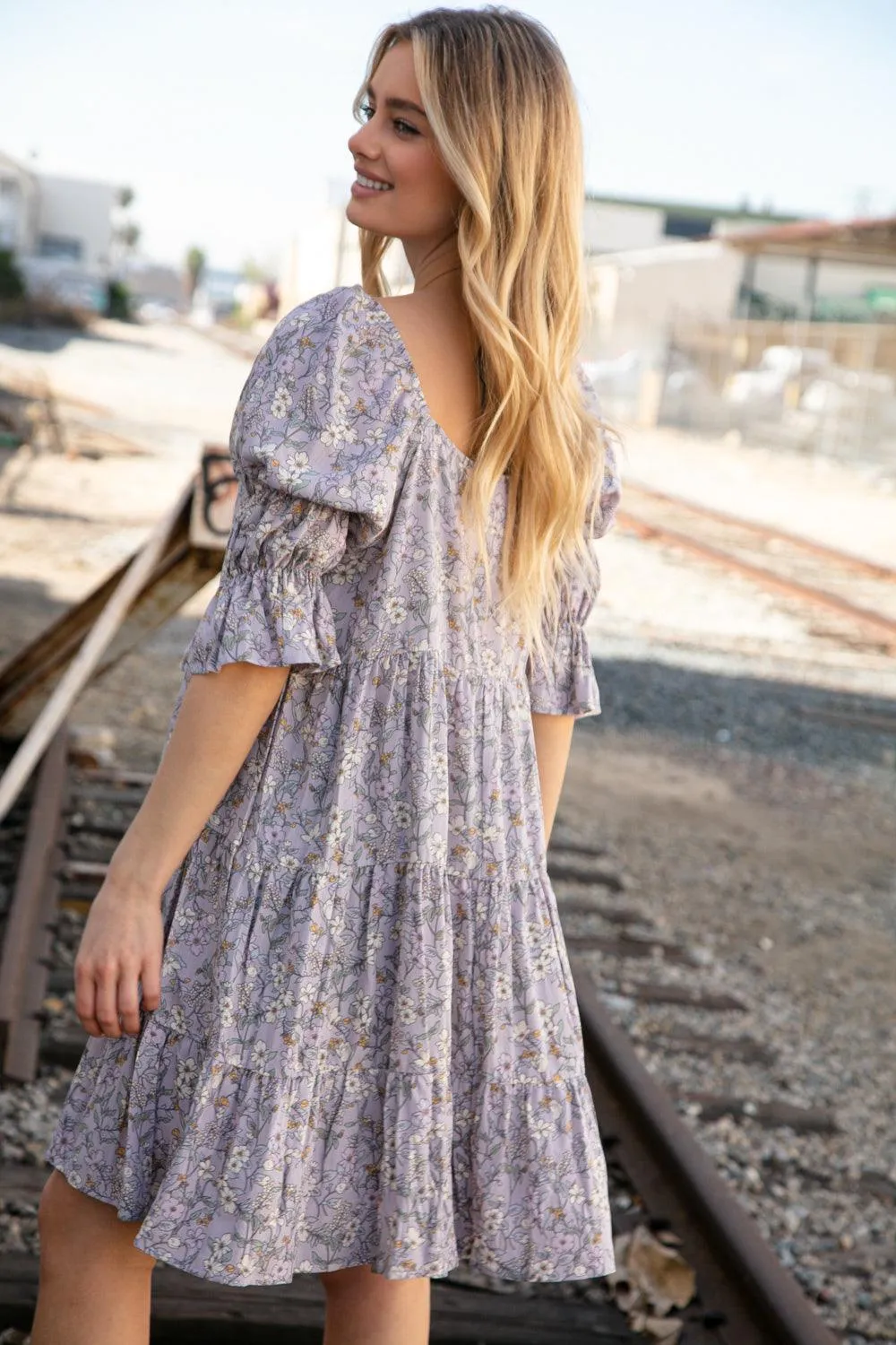 FINAL SALE -  Lilac Floral Square Neck Puff Sleeve Tiered Dress