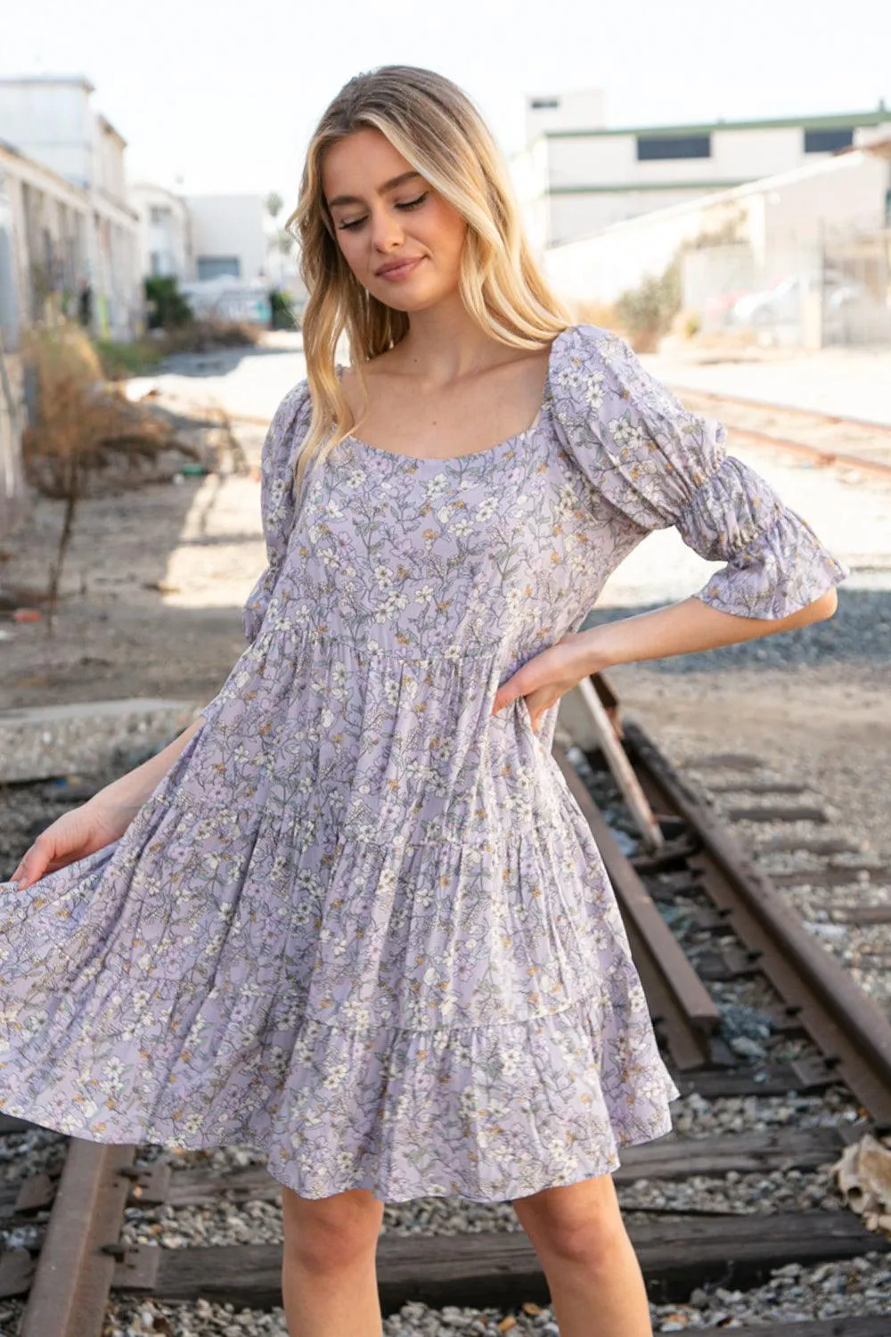 FINAL SALE -  Lilac Floral Square Neck Puff Sleeve Tiered Dress