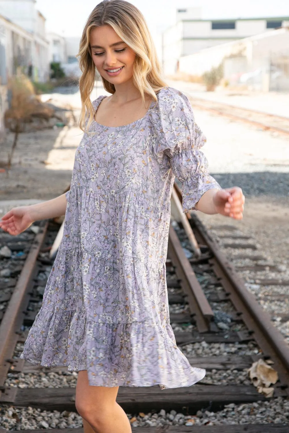 FINAL SALE -  Lilac Floral Square Neck Puff Sleeve Tiered Dress