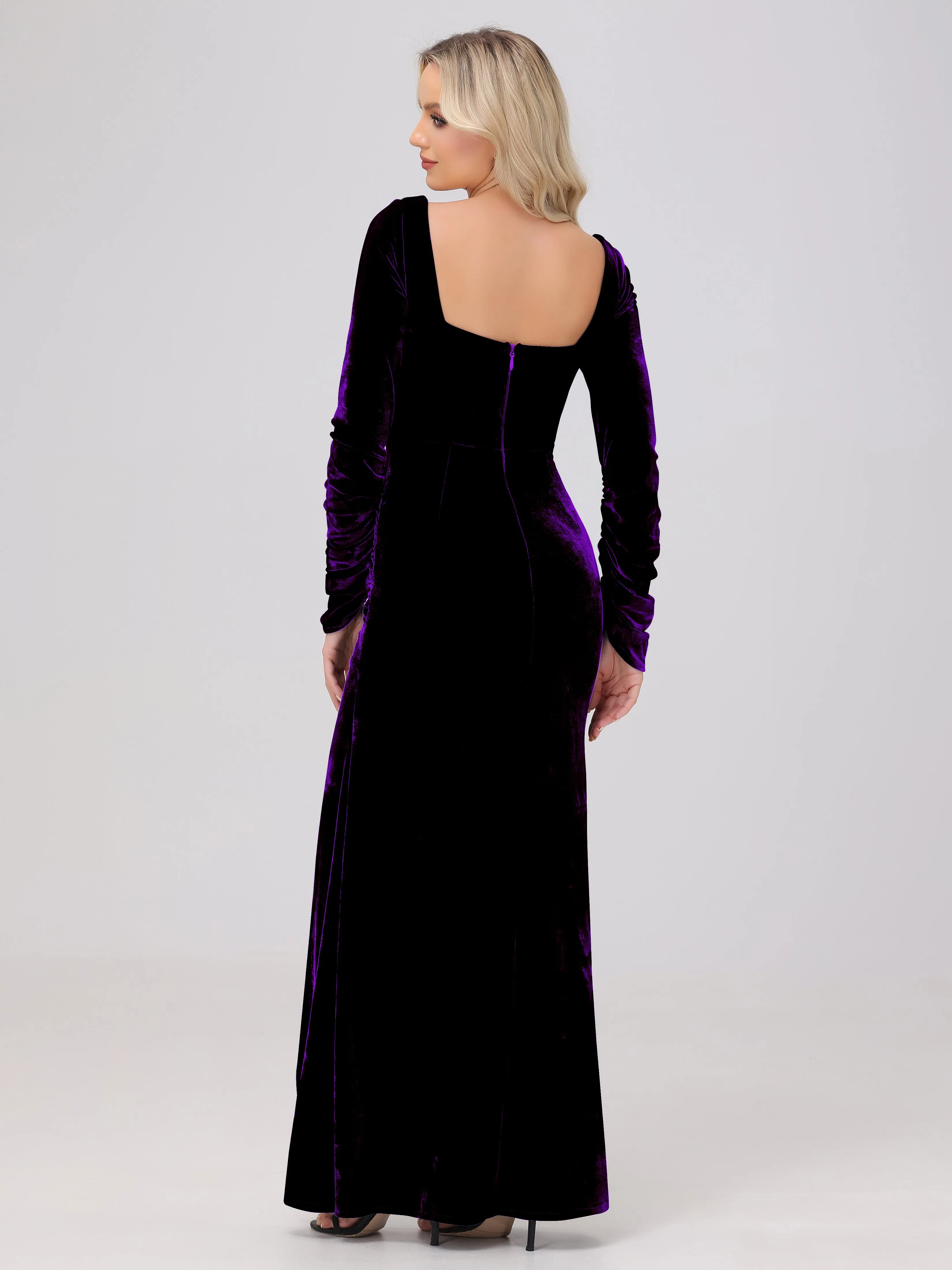 Floor-Length Square Long Sleeves Velvet Bridesmaid Dresses With Split