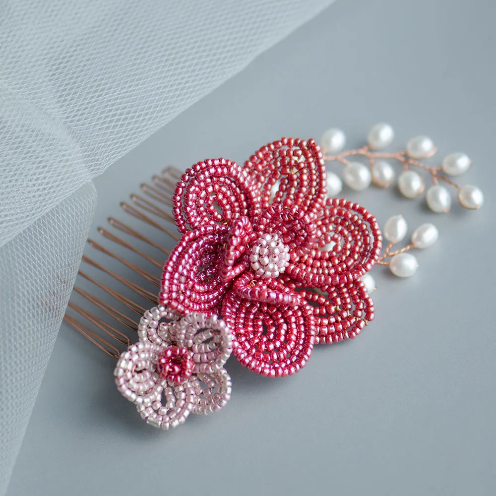 French Beaded Flowers in Red and Pink Bridal Headpiece Chinese Wedding