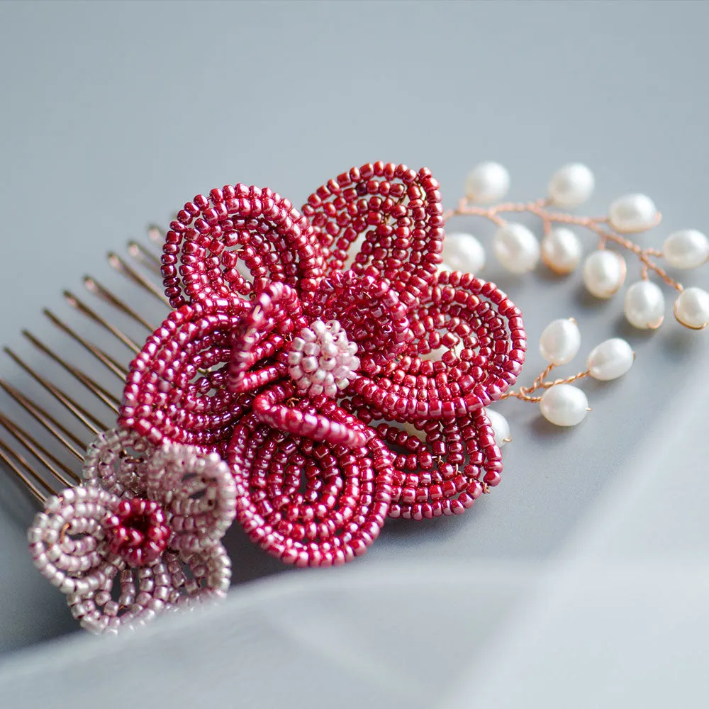 French Beaded Flowers in Red and Pink Bridal Headpiece Chinese Wedding