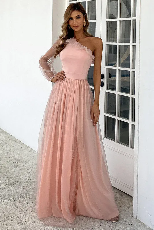 Full-Length Pink One Sleeve Prom Dress Evening Gown