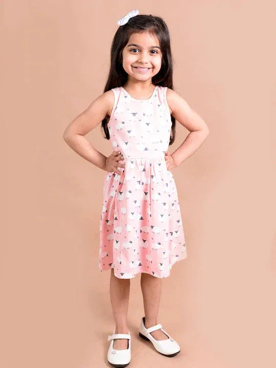 Girls Pink White Printed Dress - Ps Peaches