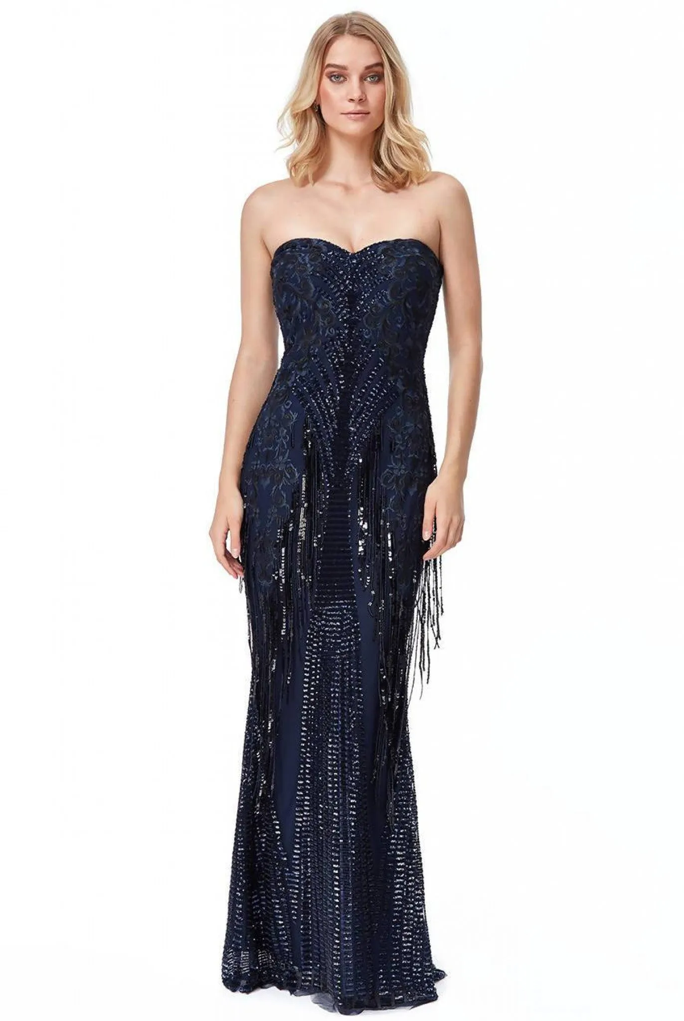 Goddiva Sweet Heart Sequin Fringe Maxi Dress