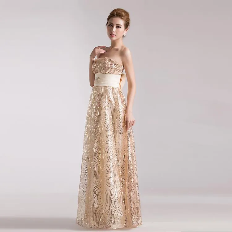 Golden Long Evening Dress Hosted Sequined Tube Lace Top Slim Maxi Dress