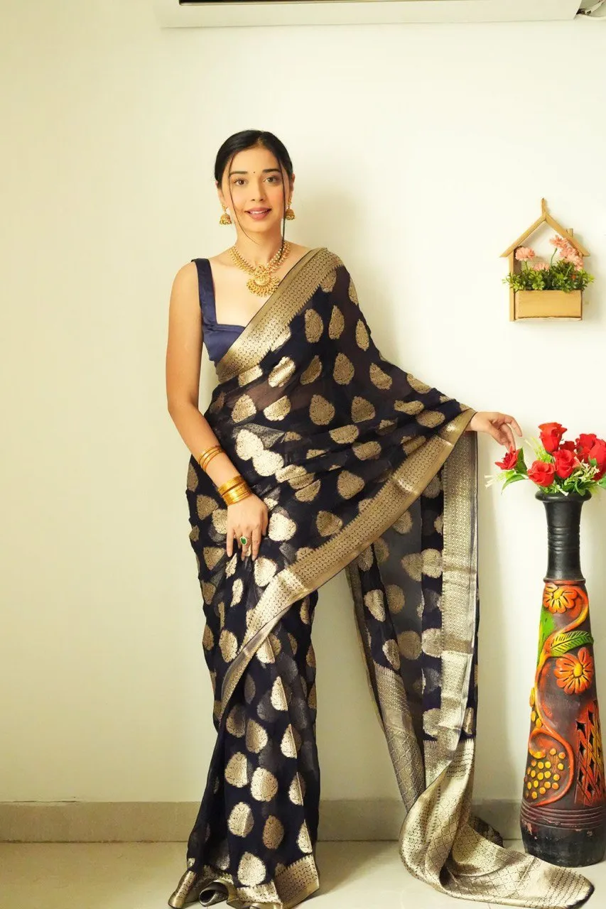 Gossamer 1-Minute Ready To Wear Black Soft Silk Saree