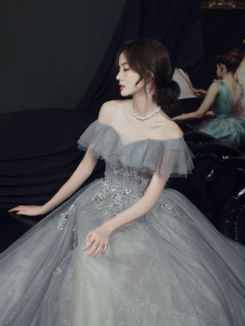 Gray tulle off shoulder long prom dress, gray tulle formal dress