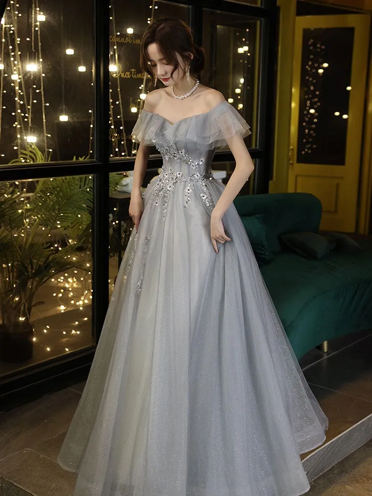 Gray tulle off shoulder long prom dress, gray tulle formal dress