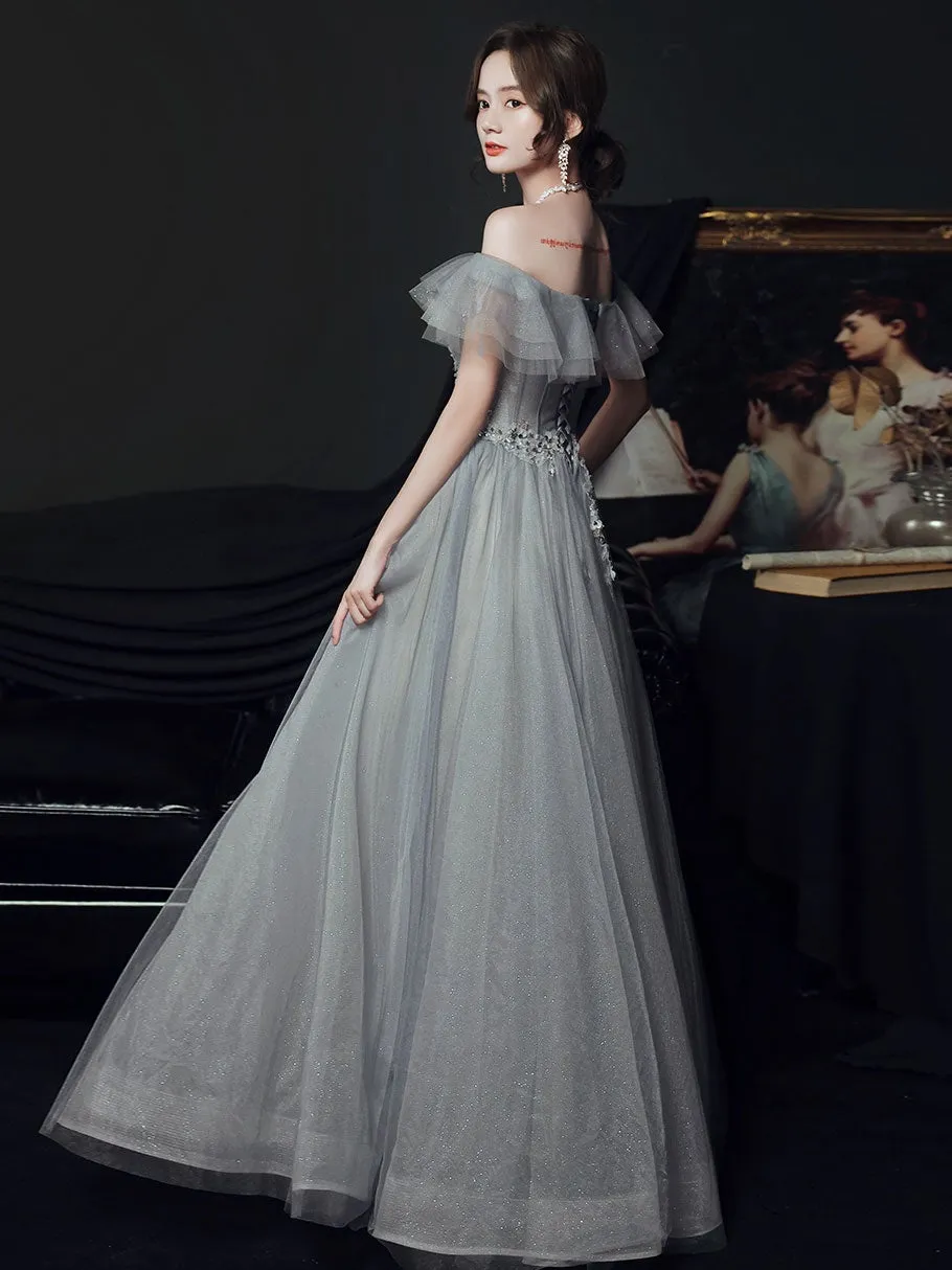 Gray tulle off shoulder long prom dress, gray tulle formal dress