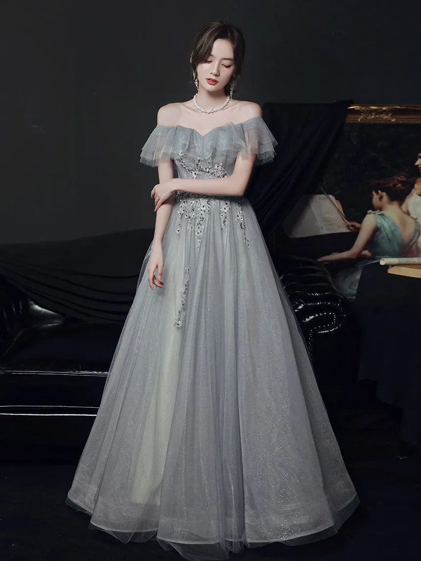 Gray tulle off shoulder long prom dress, gray tulle formal dress